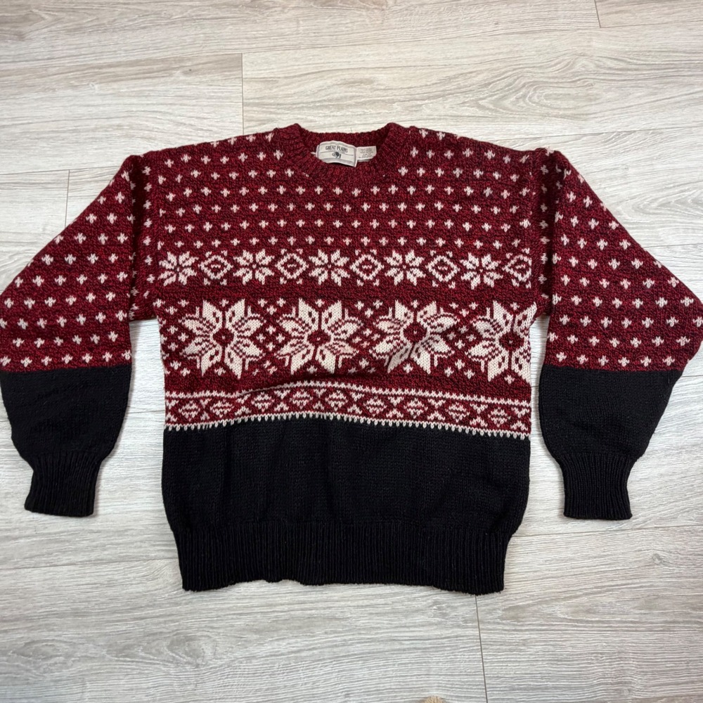 Vintage The Great Plains‎ Wool Fair Isle Snowflake Sweater Red Black Mens M USA